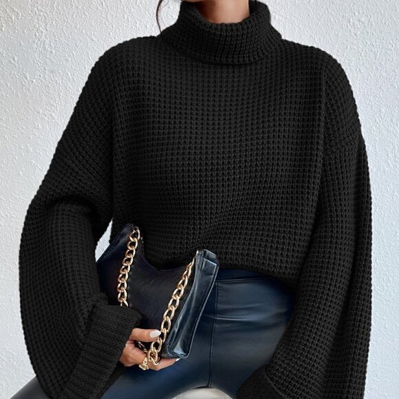 Black Casual Womens Turtleneck Drop Shoulder Waffle Knit Sweater - Picture 3 of 5